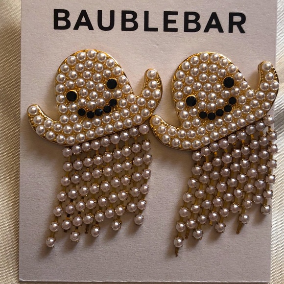 Baublebar Gold Tone Casper Ghost Drop Earrings With Faux Pearl Fringe NWT - Picture 3 of 11